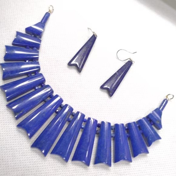 Lapis Lazuli Choker Necklace & Earrings: Vintage Tribal Jewelry Set - Picture 5 of 10